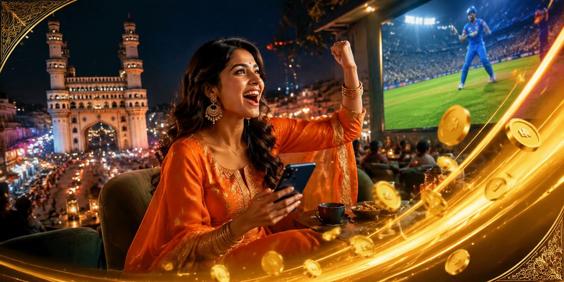 Hyderabad night market with vibrant neon lights and cricket fans